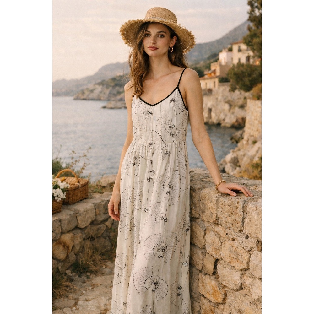 Piamita Silk‎ Printed Maxi Slip Dress Size XS Ivory Black Strappy Luxury